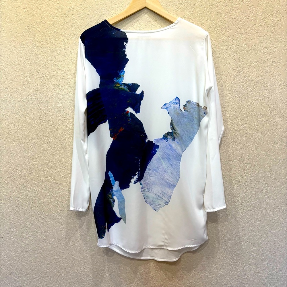 Zara Long Abstract Printed Long Sleeve Tunic Top White & Blue Small Old Money